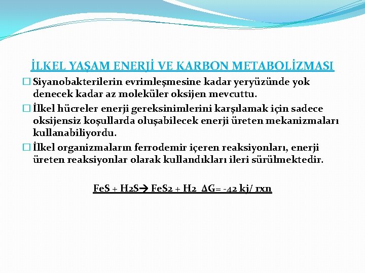 İLKEL YAŞAM ENERJİ VE KARBON METABOLİZMASI � Siyanobakterilerin evrimleşmesine kadar yeryüzünde yok denecek kadar