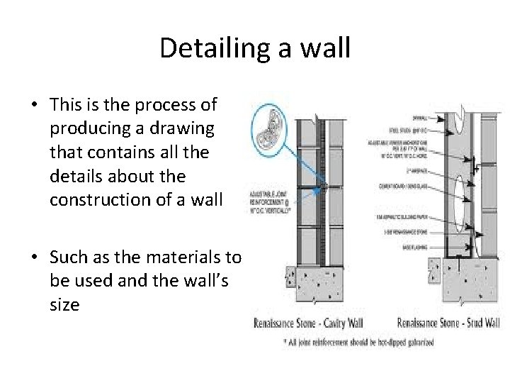 Detailing a wall • This is the process of producing a drawing that contains