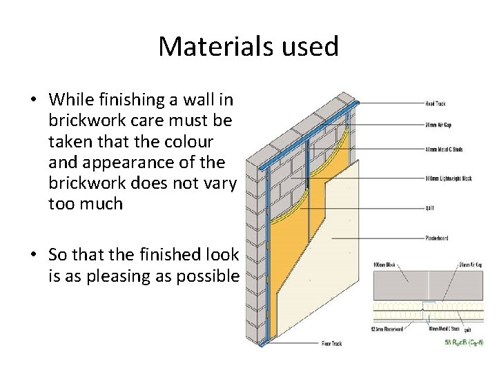 Materials used • While finishing a wall in brickwork care must be taken that