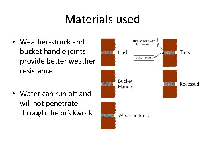 Materials used • Weather-struck and bucket handle joints provide better weather resistance • Water