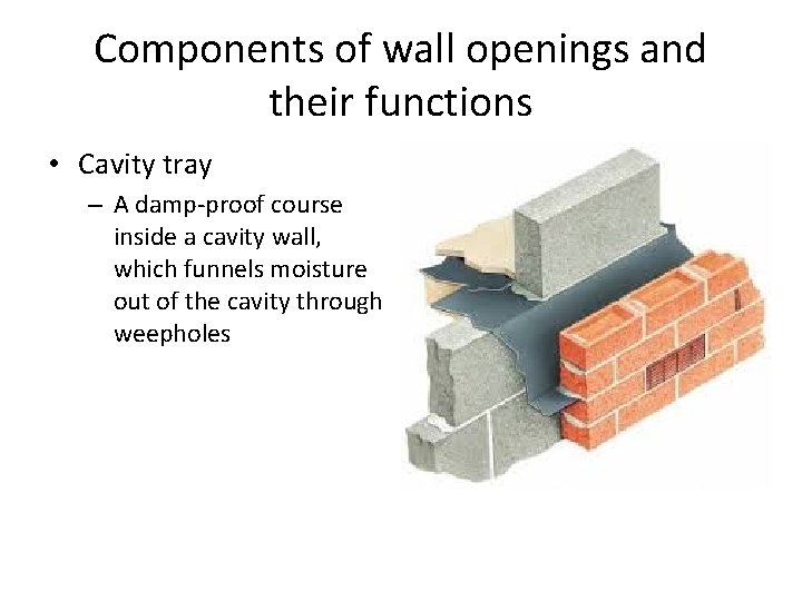 Components of wall openings and their functions • Cavity tray – A damp-proof course