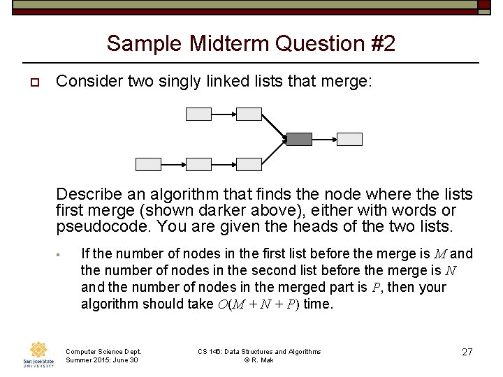 Sample Midterm Question #2 o Consider two singly linked lists that merge: Describe an