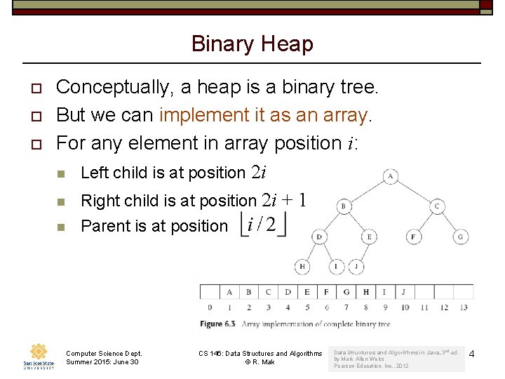 Binary Heap o o o Conceptually, a heap is a binary tree. But we