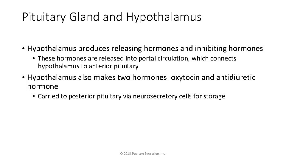 Pituitary Gland Hypothalamus • Hypothalamus produces releasing hormones and inhibiting hormones • These hormones