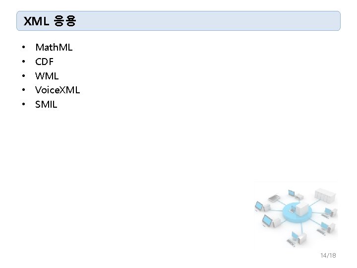 XML 응용 • • • Math. ML CDF WML Voice. XML SMIL 14/18 