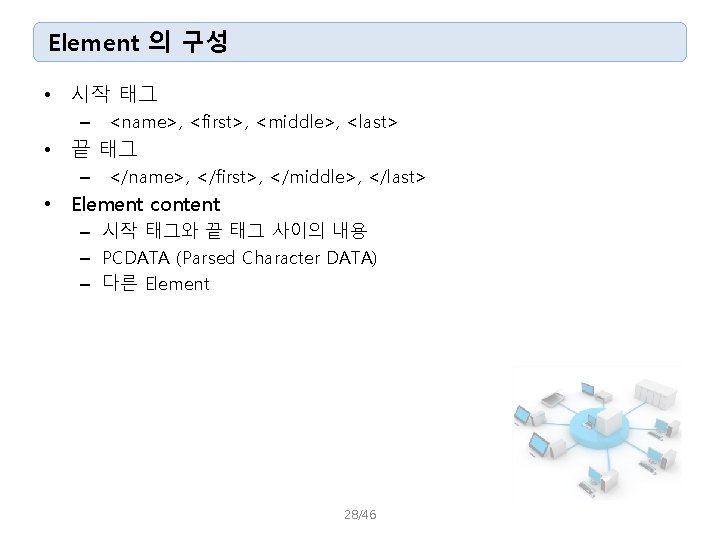 Element 의 구성 • 시작 태그 – <name>, <first>, <middle>, <last> • 끝 태그