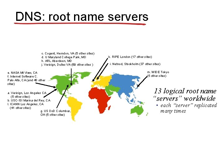 DNS: root name servers c. Cogent, Herndon, VA (5 other sites) d. U Maryland