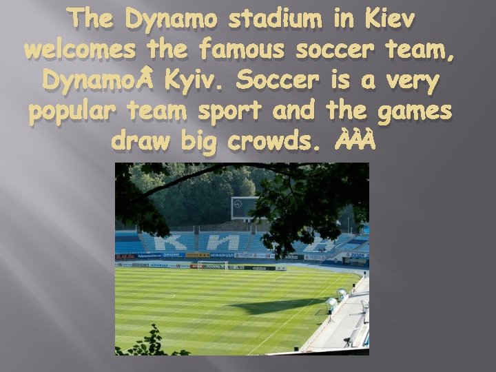 The Dynamo stadium in Kiev welcomes the famous soccer team, Dynamo Kyiv. Soccer is