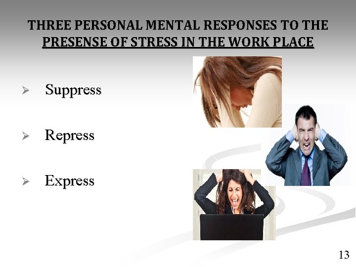 THREE PERSONAL MENTAL RESPONSES TO THE PRESENSE OF STRESS IN THE WORK PLACE Ø