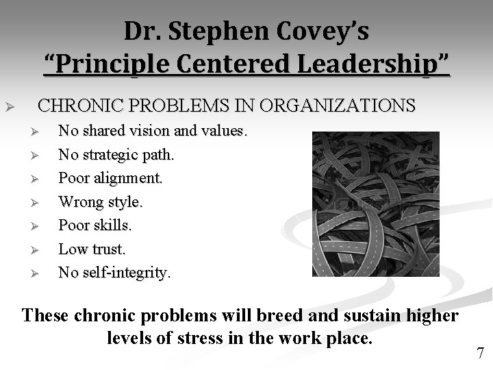 Dr. Stephen Covey’s “Principle Centered Leadership” Ø CHRONIC PROBLEMS IN ORGANIZATIONS Ø Ø Ø