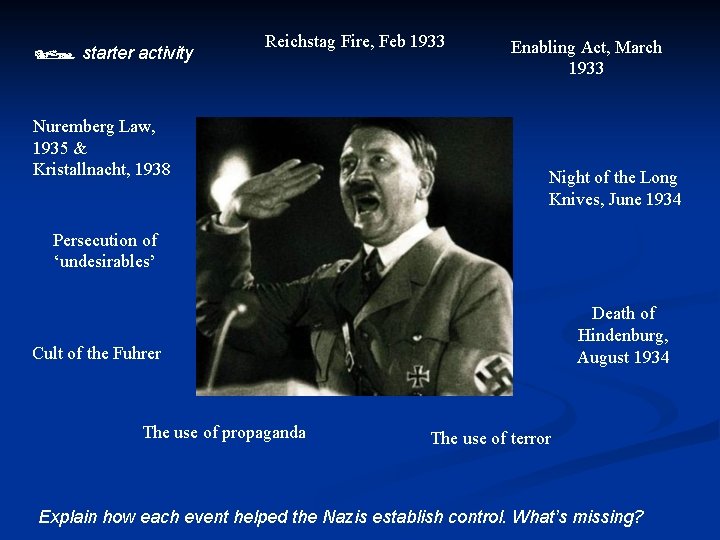  starter activity Reichstag Fire, Feb 1933 Nuremberg Law, 1935 & Kristallnacht, 1938 Enabling