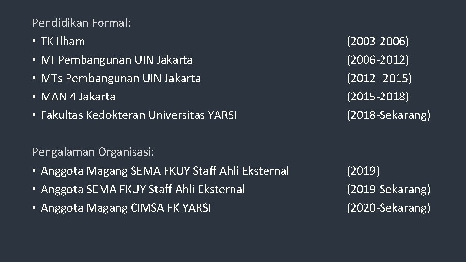 Pendidikan Formal: • TK Ilham • MI Pembangunan UIN Jakarta • MTs Pembangunan UIN