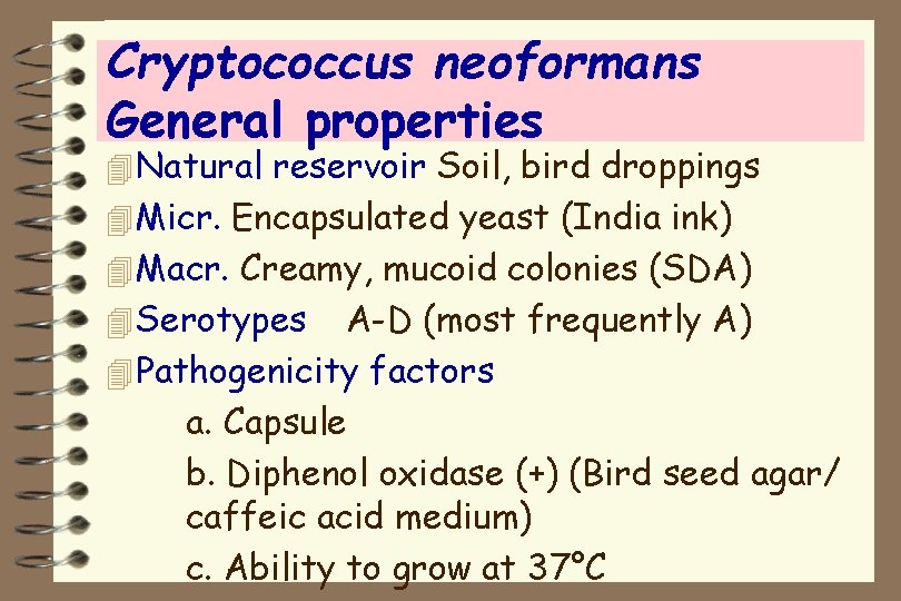 Cryptococcus neoformans General properties 4 Natural reservoir Soil, bird droppings 4 Micr. Encapsulated yeast