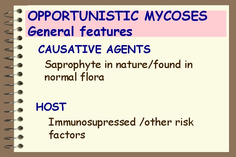 OPPORTUNISTIC MYCOSES General features CAUSATIVE AGENTS Saprophyte in nature/found in normal flora HOST Immunosupressed