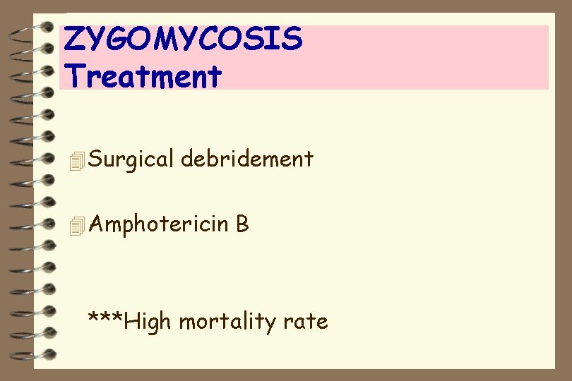 ZYGOMYCOSIS Treatment 4 Surgical debridement 4 Amphotericin B ***High mortality rate 