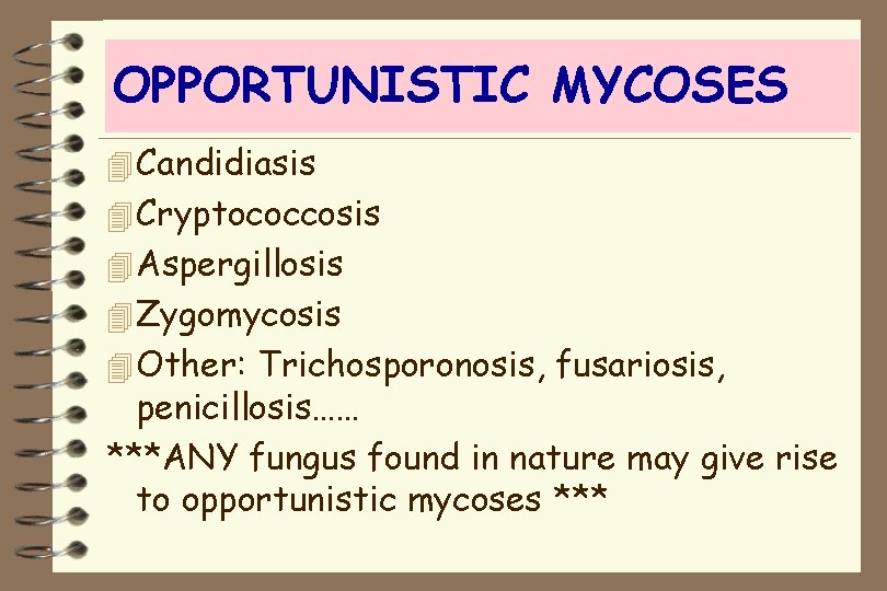 OPPORTUNISTIC MYCOSES 4 Candidiasis 4 Cryptococcosis 4 Aspergillosis 4 Zygomycosis 4 Other: Trichosporonosis, fusariosis,