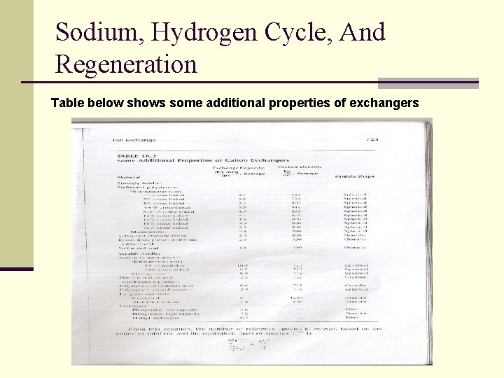 Sodium, Hydrogen Cycle, And Regeneration Table below shows some additional properties of exchangers 