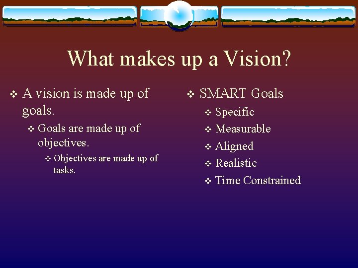 What makes up a Vision? v A vision is made up of goals. v