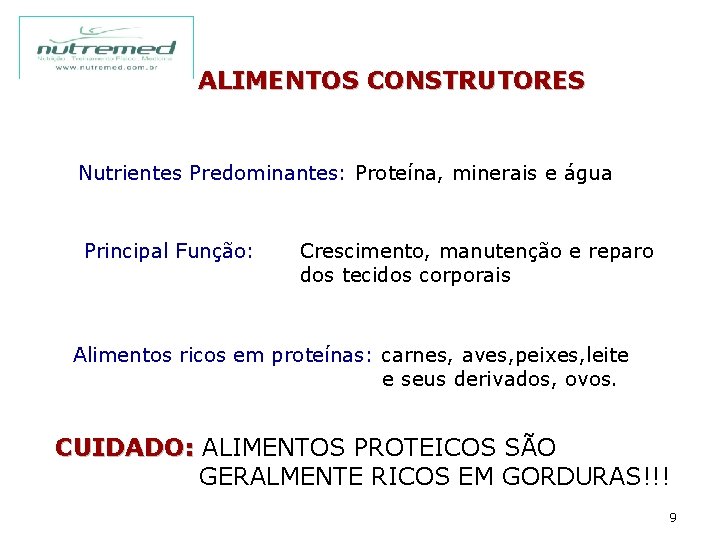 ALIMENTOS CONSTRUTORES Nutrientes Predominantes: Proteína, minerais e água Principal Função: Crescimento, manutenção e reparo