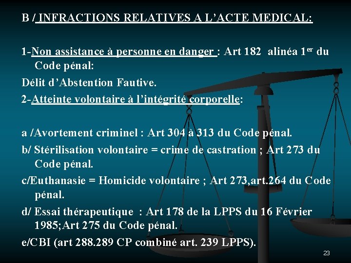 B / INFRACTIONS RELATIVES A L’ACTE MEDICAL: 1 -Non assistance à personne en danger