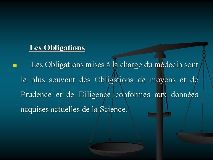 Les Obligations n Les Obligations mises à la charge du médecin sont le plus