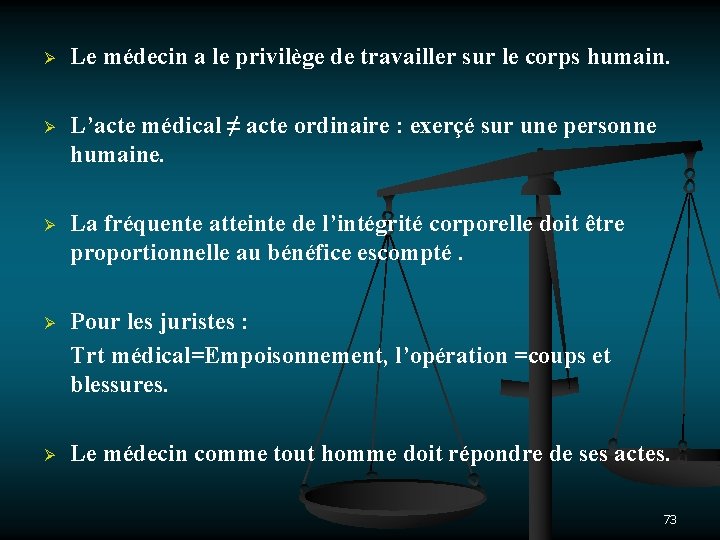 Ø Le médecin a le privilège de travailler sur le corps humain. Ø L’acte