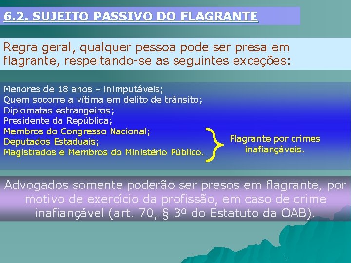 6. 2. SUJEITO PASSIVO DO FLAGRANTE Regra geral, qualquer pessoa pode ser presa em
