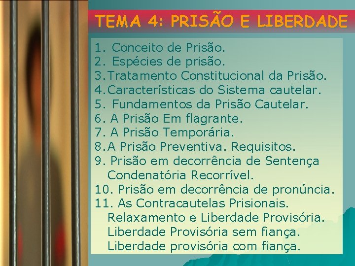 TEMA 4: PRISÃO E LIBERDADE 1. Conceito de Prisão. 2. Espécies de prisão. 3.