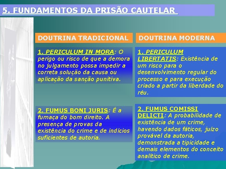 5. FUNDAMENTOS DA PRISÃO CAUTELAR DOUTRINA TRADICIONAL DOUTRINA MODERNA 1. PERICULUM IN MORA: MORA