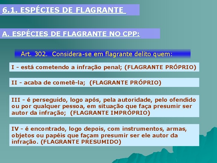 6. 1. ESPÉCIES DE FLAGRANTE A. ESPÉCIES DE FLAGRANTE NO CPP: Art. 302. Considera-se