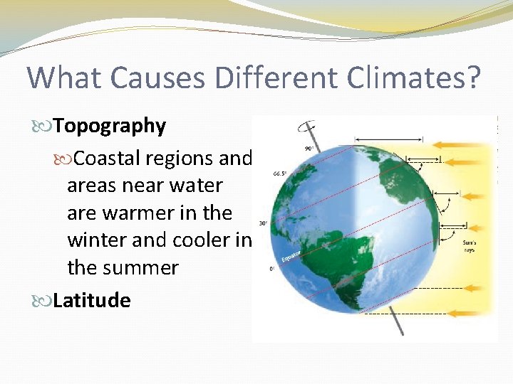 What Causes Different Climates? Topography Coastal regions and areas near water are warmer in