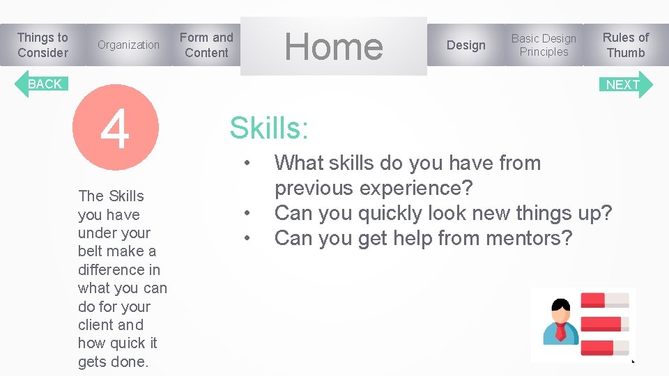 Things to Consider Organization Home Form and Content BACK Design Basic Design Principles Rules