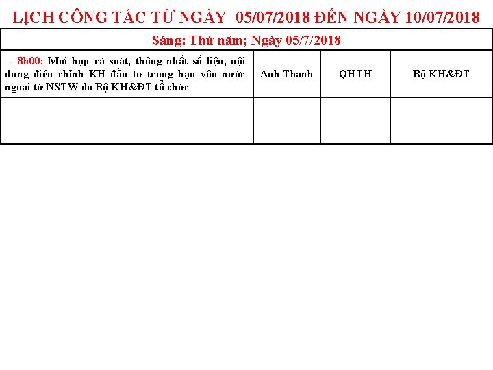 LỊCH CÔNG TÁC TỪ NGÀY 05/07/2018 ĐẾN NGÀY 10/07/2018 Sáng: Thứ năm; Ngày 05/7/2018