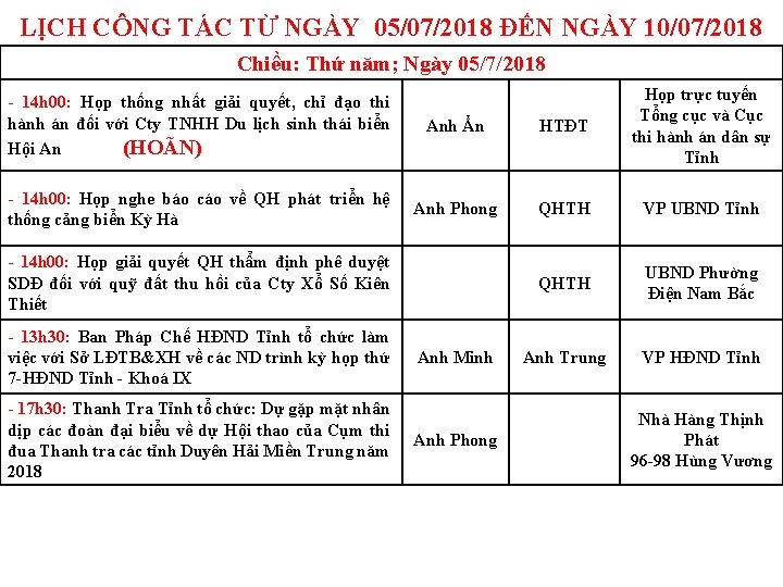 LỊCH CÔNG TÁC TỪ NGÀY 05/07/2018 ĐẾN NGÀY 10/07/2018 Chiều: Thứ năm; Ngày 05/7/2018