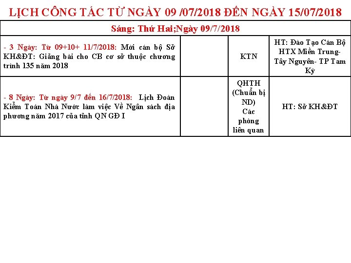 LỊCH CÔNG TÁC TỪ NGÀY 09 /07/2018 ĐẾN NGÀY 15/07/2018 Sáng: Thứ Hai; Ngày