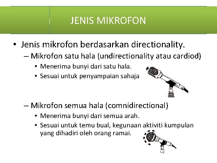 JENISsuara MIKROFON Pembesar (mikrofon) • Jenis mikrofon berdasarkan directionality. – Mikrofon satu hala (undirectionality