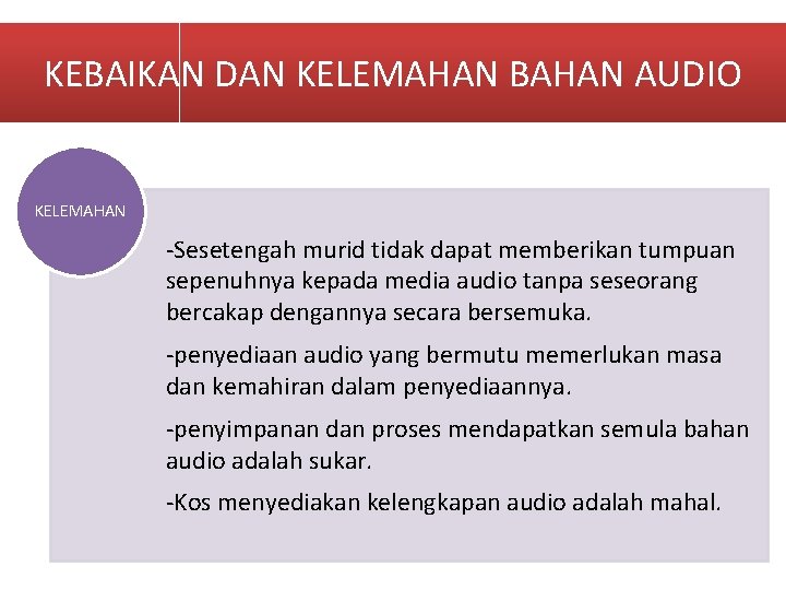 KEBAIKAN DAN KELEMAHAN BAHAN AUDIO KELEMAHAN -Sesetengah murid tidak dapat memberikan tumpuan sepenuhnya kepada