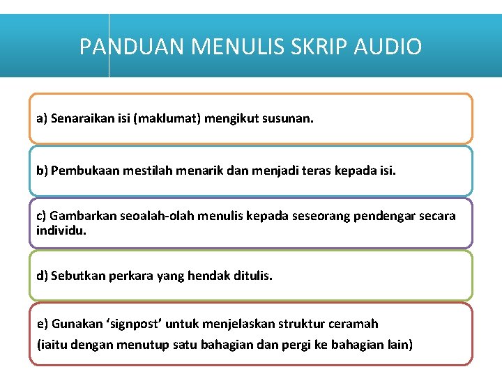 PANDUAN MENULIS SKRIP AUDIO a) Senaraikan isi (maklumat) mengikut susunan. b) Pembukaan mestilah menarik