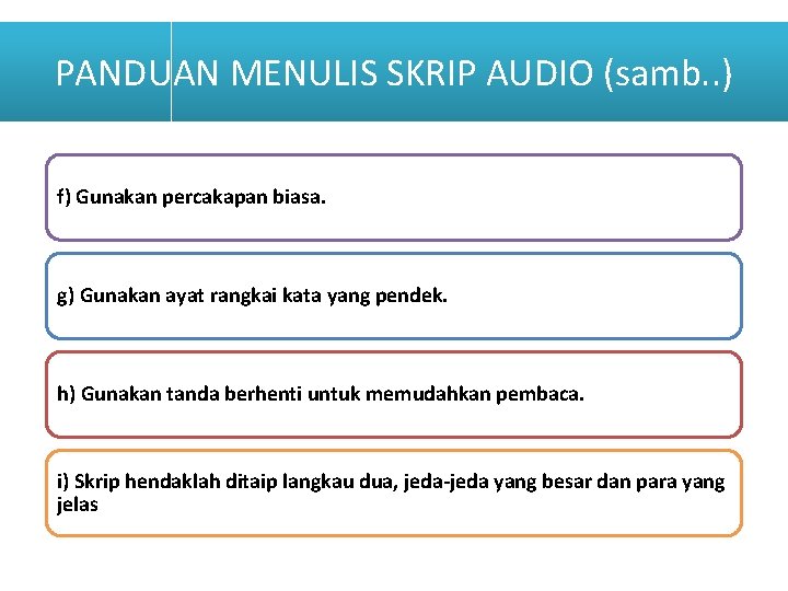 PANDUAN MENULIS SKRIP AUDIO (samb. . ) f) Gunakan percakapan biasa. g) Gunakan ayat