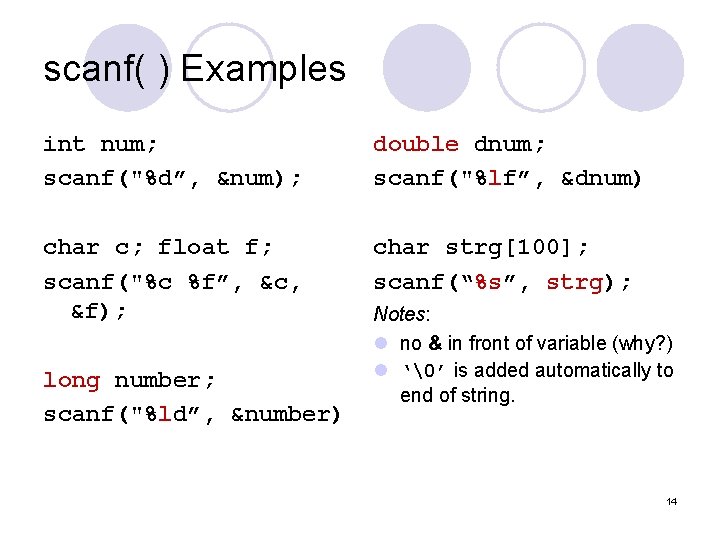 scanf( ) Examples int num; scanf("%d”, &num); double dnum; scanf("%lf”, &dnum) char c; float
