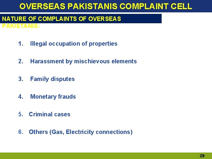OVERSEAS PAKISTANIS COMPLAINT CELL NATURE OF COMPLAINTS OF OVERSEAS PAKISTANIS: 1. Illegal occupation of OVERSEAS PAKISTANIS COMPLAINT CELL NATURE OF COMPLAINTS OF OVERSEAS PAKISTANIS: 1. Illegal occupation of