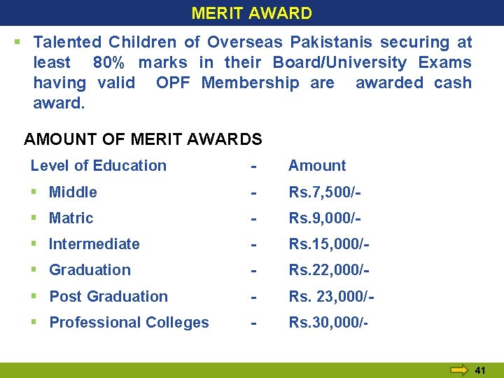 MERIT AWARD § Talented Children of Overseas Pakistanis securing at least 80% marks in MERIT AWARD § Talented Children of Overseas Pakistanis securing at least 80% marks in