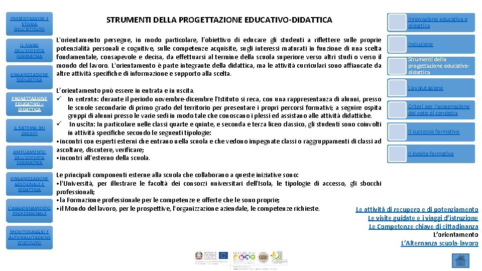 PRESENTAZIONE E STORIA DELL’ISTITUTO IL PIANO DELL’OFFERTA FORMATIVA ORGANIZZAZIONE SCOLASTICA PROGETTAZIONE EDUCATIVO – DIDATTICA