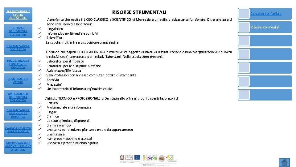 RISORSE STRUMENTALI PRESENTAZIONE E STORIA DELL’ISTITUTO IL PIANO DELL’OFFERTA FORMATIVA ORGANIZZAZIONE SCOLASTICA PROGETTAZIONE EDUCATIVO