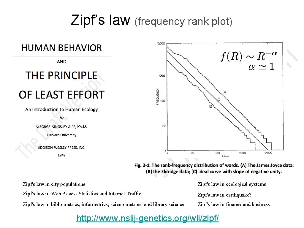 Zipf’s law (frequency rank plot) Zipf's law in city populations Zipf's law in ecological