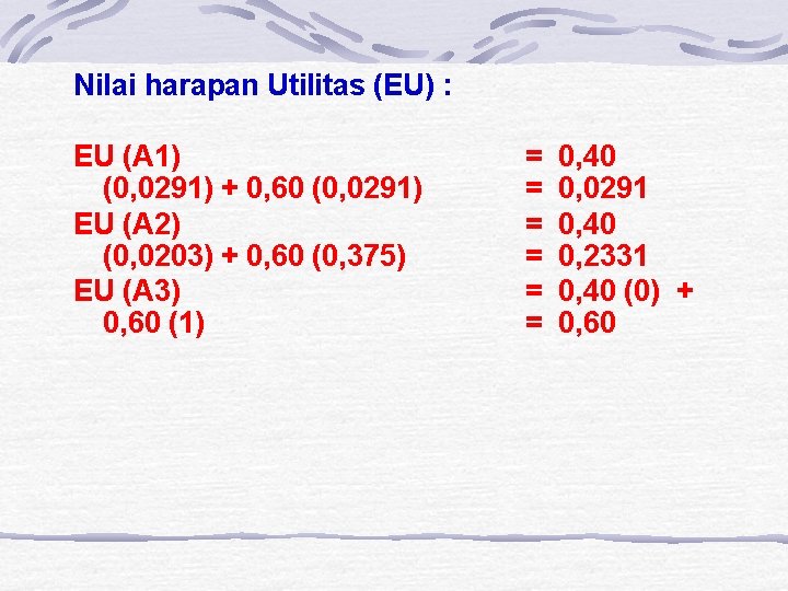 Nilai harapan Utilitas (EU) : EU (A 1) (0, 0291) + 0, 60 (0,