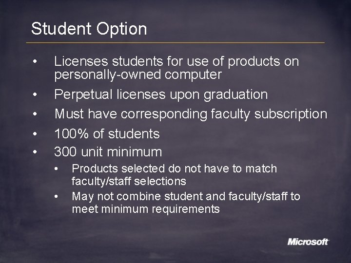 Student Option • • • Licenses students for use of products on personally-owned computer