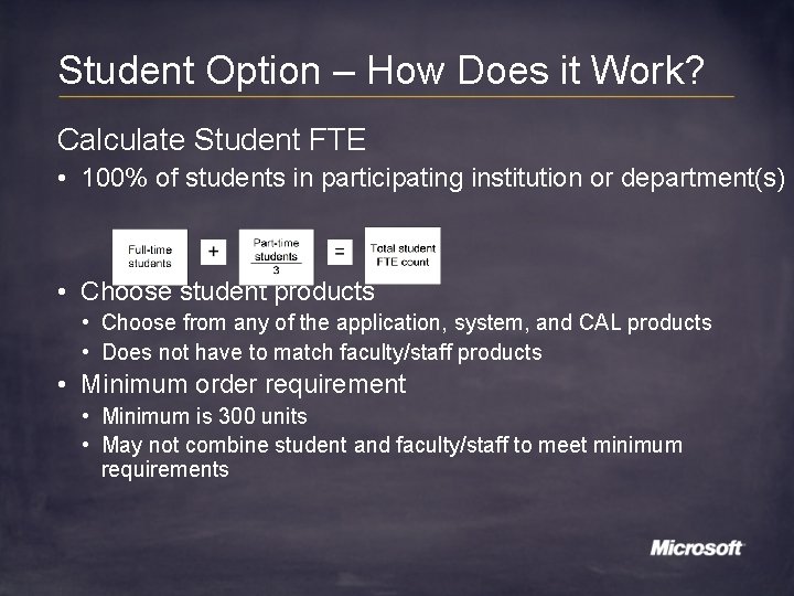 Student Option – How Does it Work? Calculate Student FTE • 100% of students