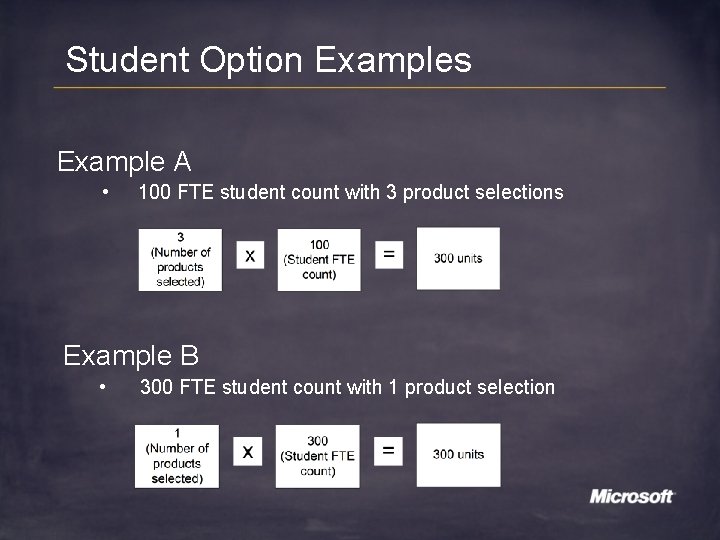 Student Option Examples Example A • 100 FTE student count with 3 product selections