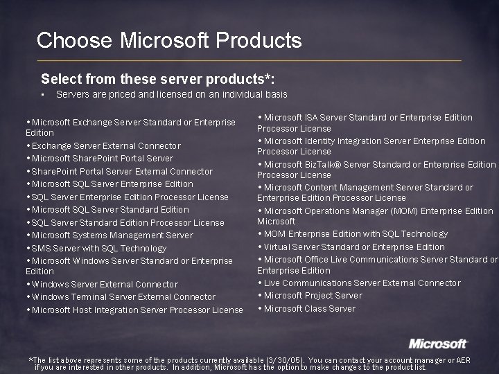 Choose Microsoft Products Select from these server products*: • Servers are priced and licensed